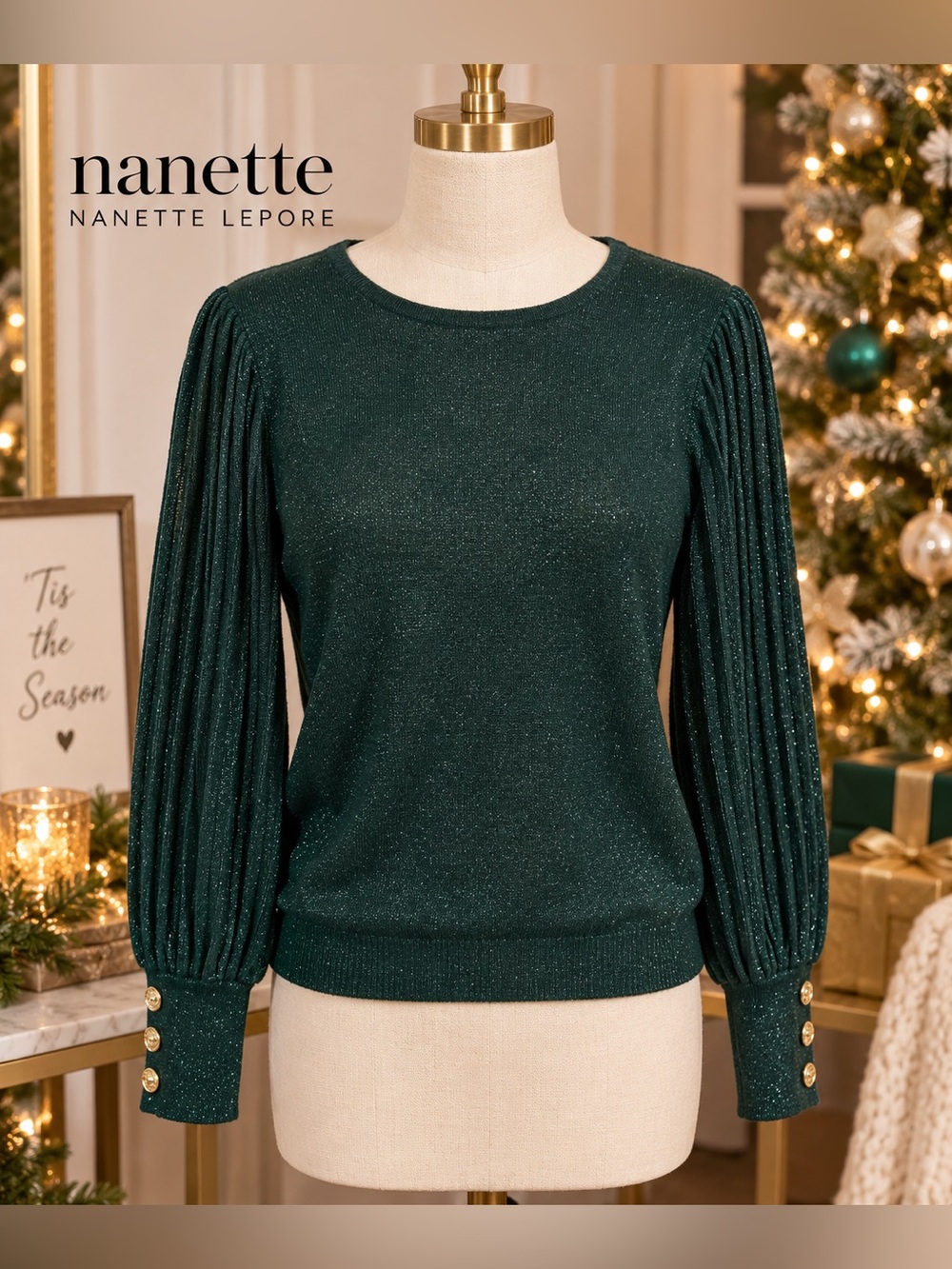 Nanette Lepore Green Shimmer Pleated Sleeve Sweater Gold Buttons Size L